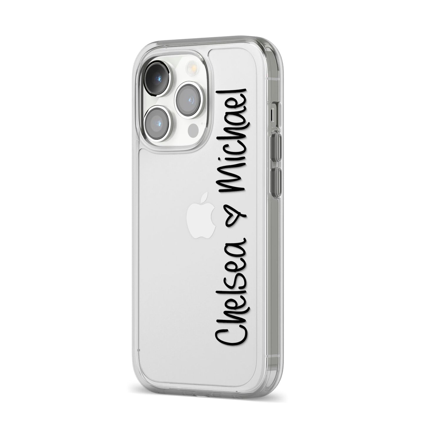 Personalised Couples Names Handwritten Black Clear iPhone 14 Pro Clear Tough Case Silver Angled Image