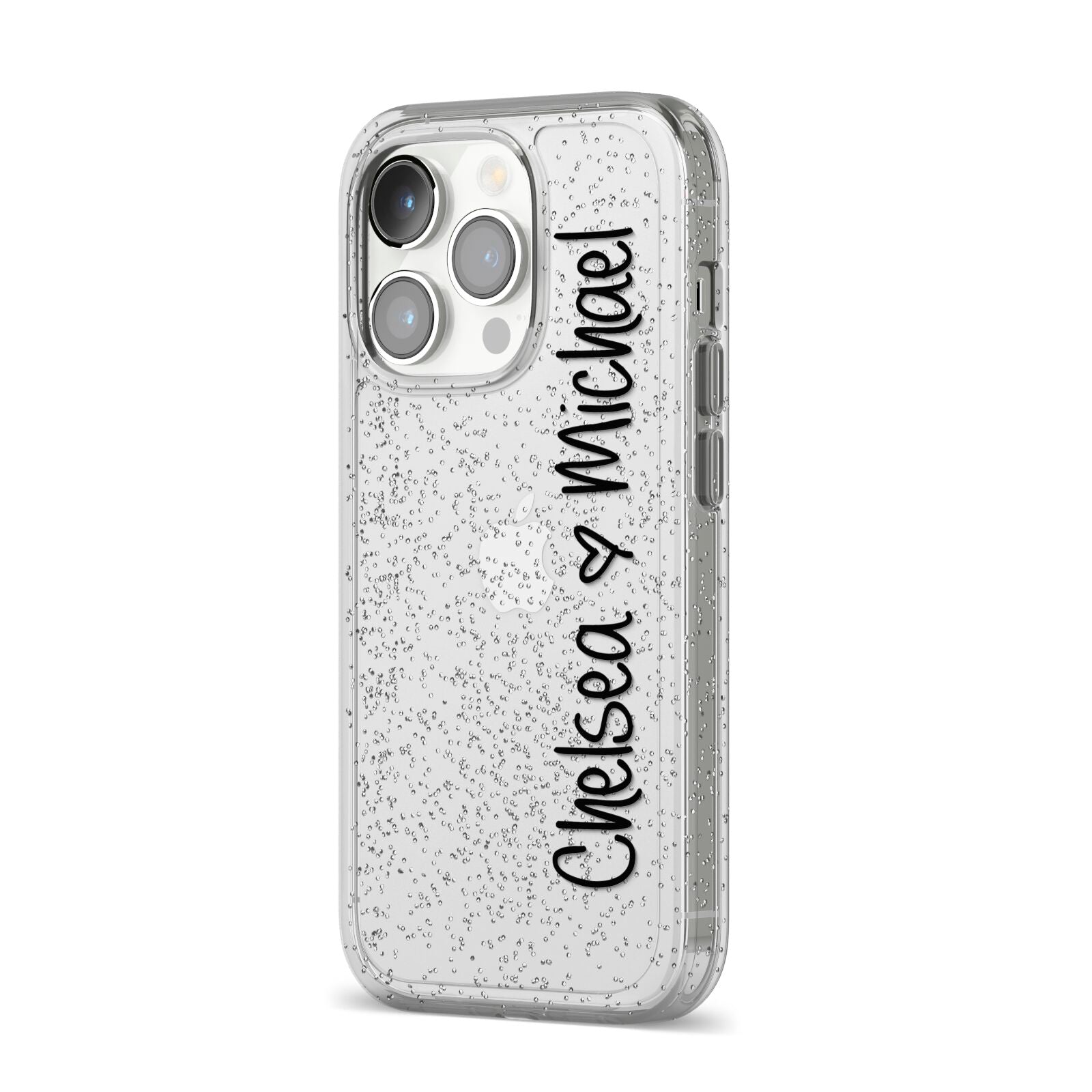Personalised Couples Names Handwritten Black Clear iPhone 14 Pro Glitter Tough Case Silver Angled Image