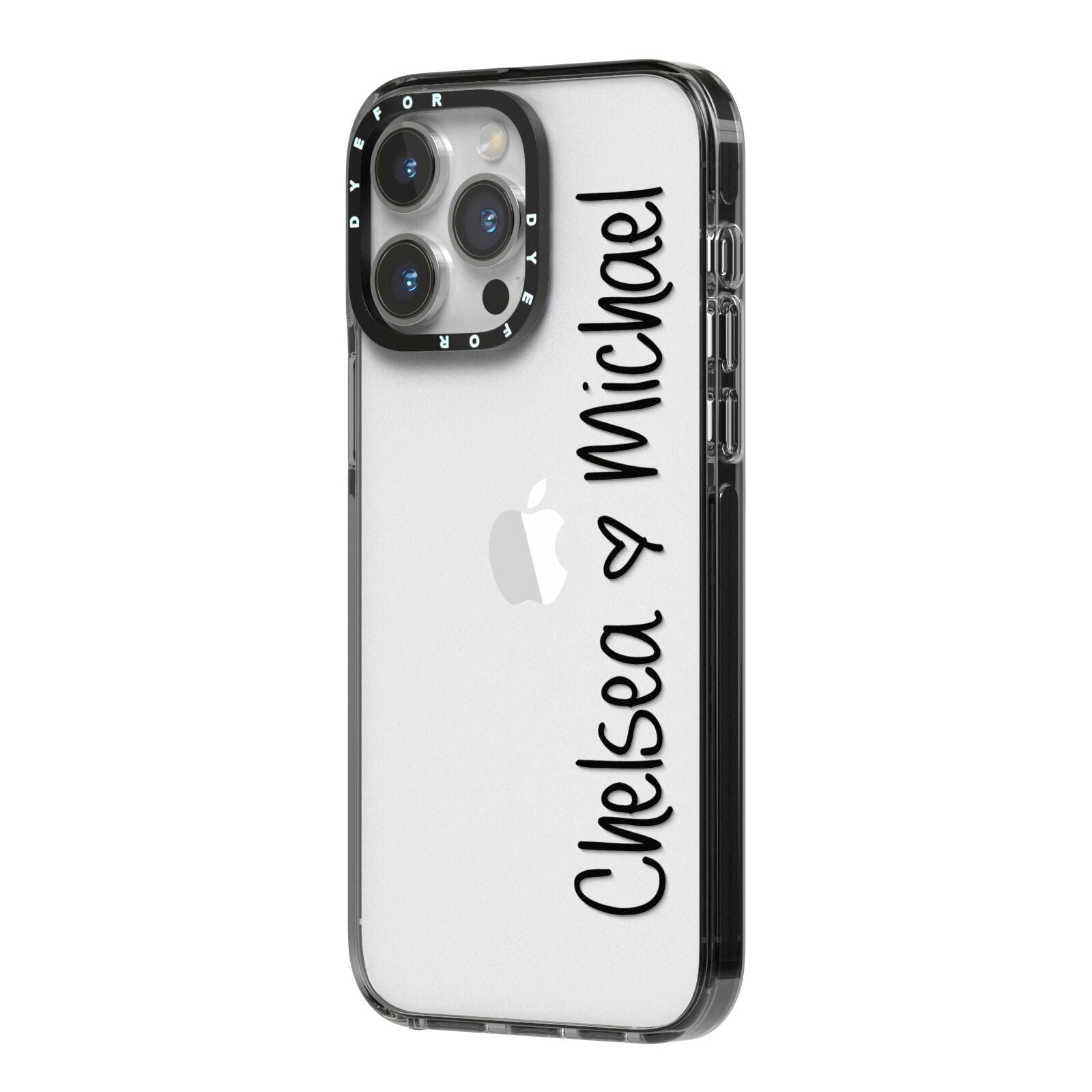 Personalised Couples Names Handwritten Black Clear iPhone 14 Pro Max Black Impact Case Side Angle on Silver phone