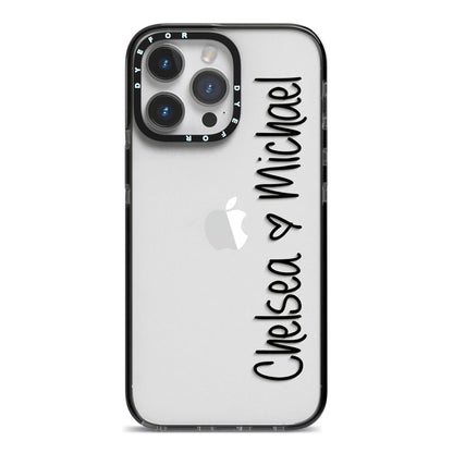 Personalised Couples Names Handwritten Black Clear iPhone 14 Pro Max Black Impact Case on Silver phone