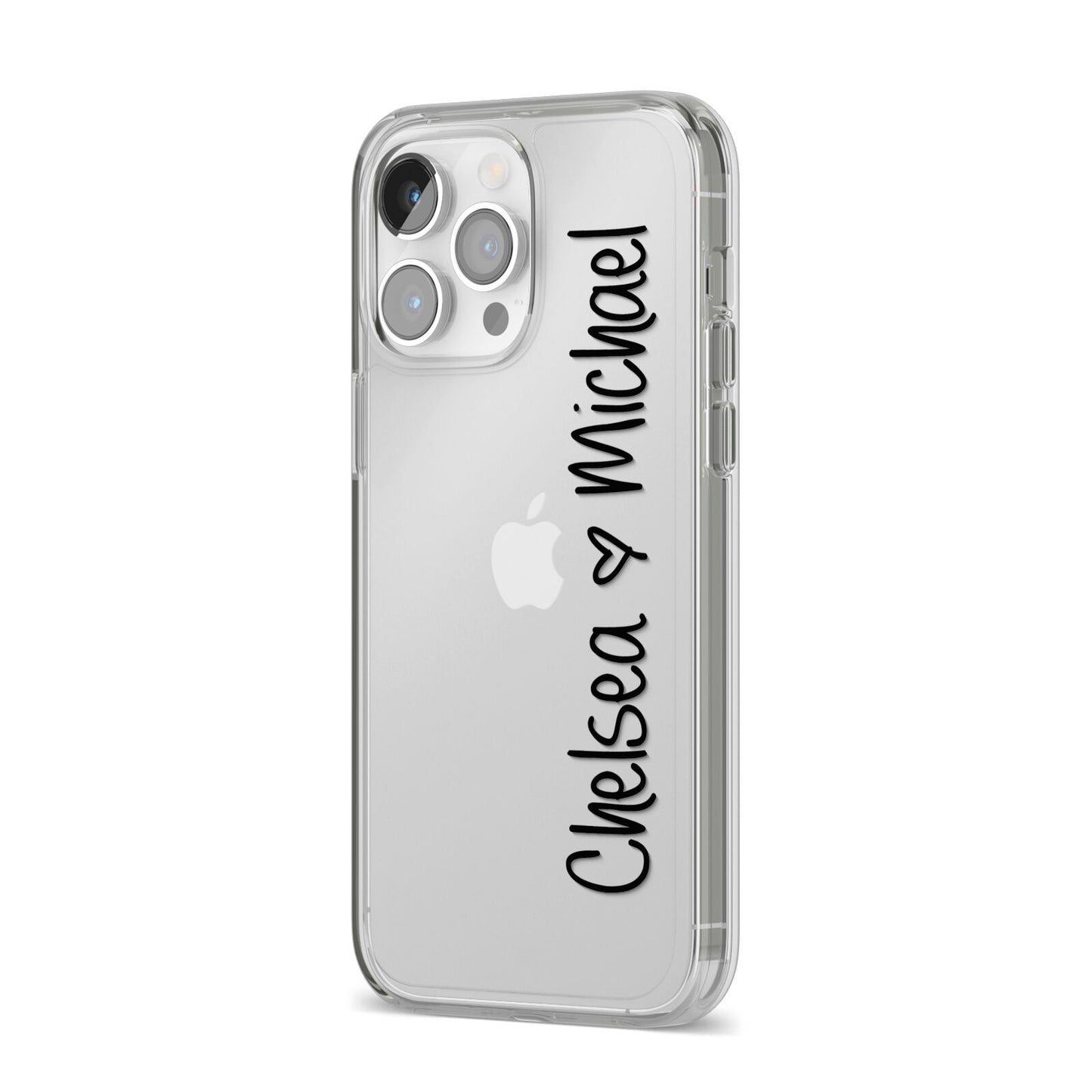 Personalised Couples Names Handwritten Black Clear iPhone 14 Pro Max Clear Tough Case Silver Angled Image