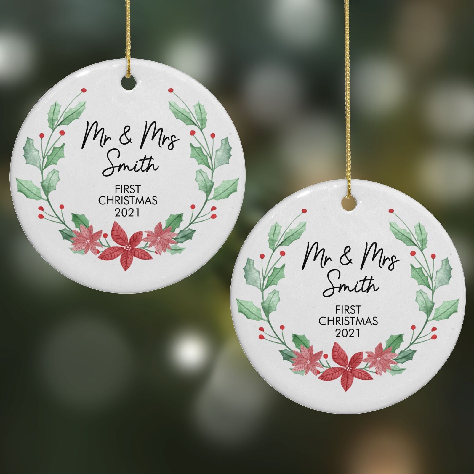 Personalised Couples Wreath Round Decoration on Christmas Background