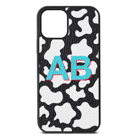 Personalised Cow Print Black Pebble Leather iPhone 12 Case