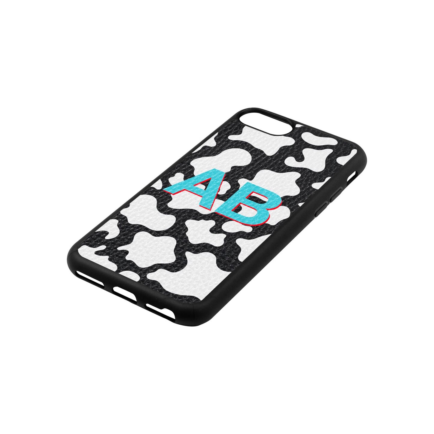Personalised Cow Print Black Pebble Leather iPhone 8 Case Side Angle