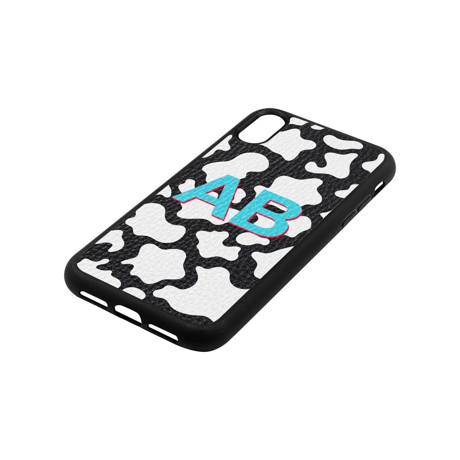 Personalised Cow Print Black Pebble Leather iPhone Xr Case Side Angle