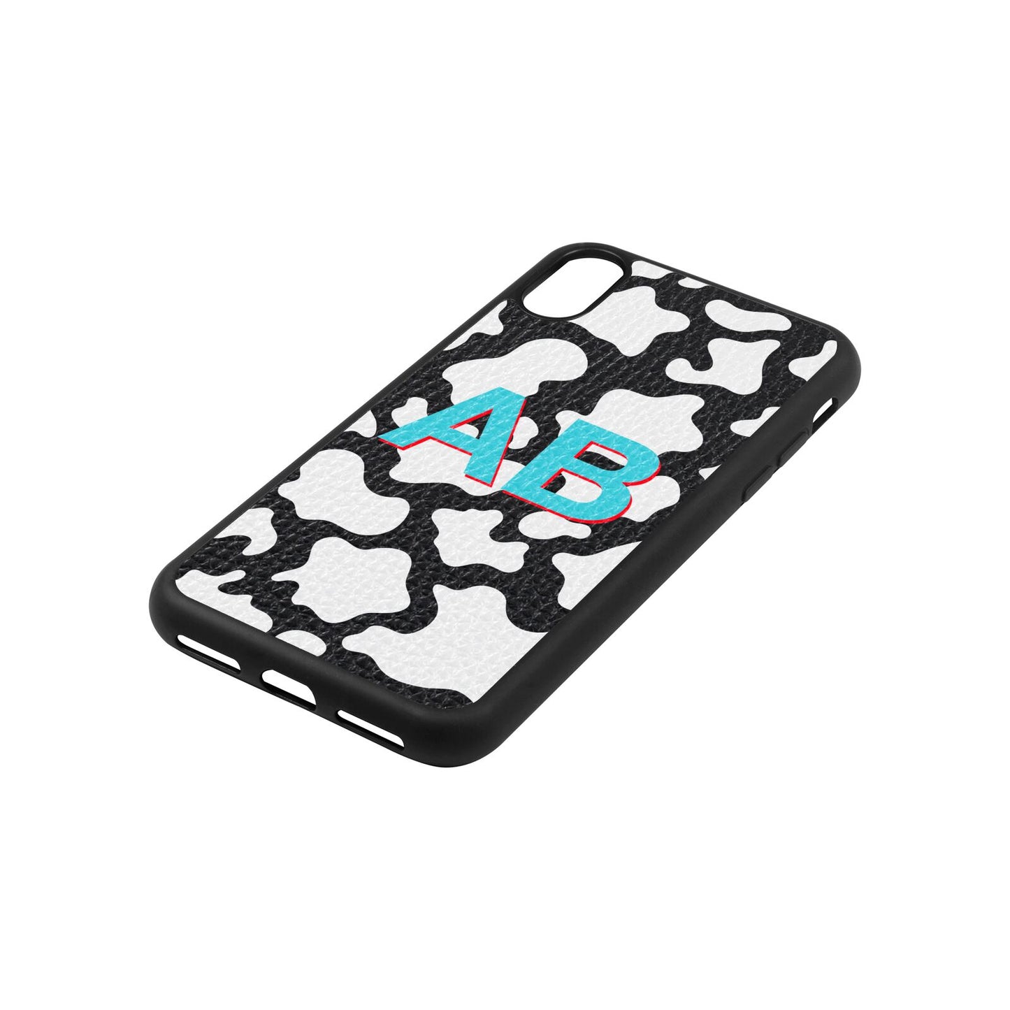 Personalised Cow Print Black Pebble Leather iPhone Xs Case Side Angle