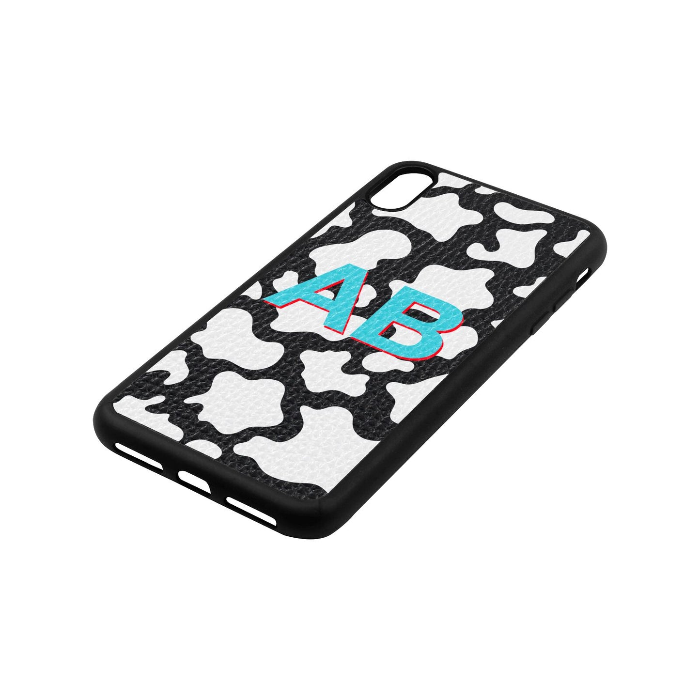 Personalised Cow Print Black Pebble Leather iPhone Xs Max Case Side Angle