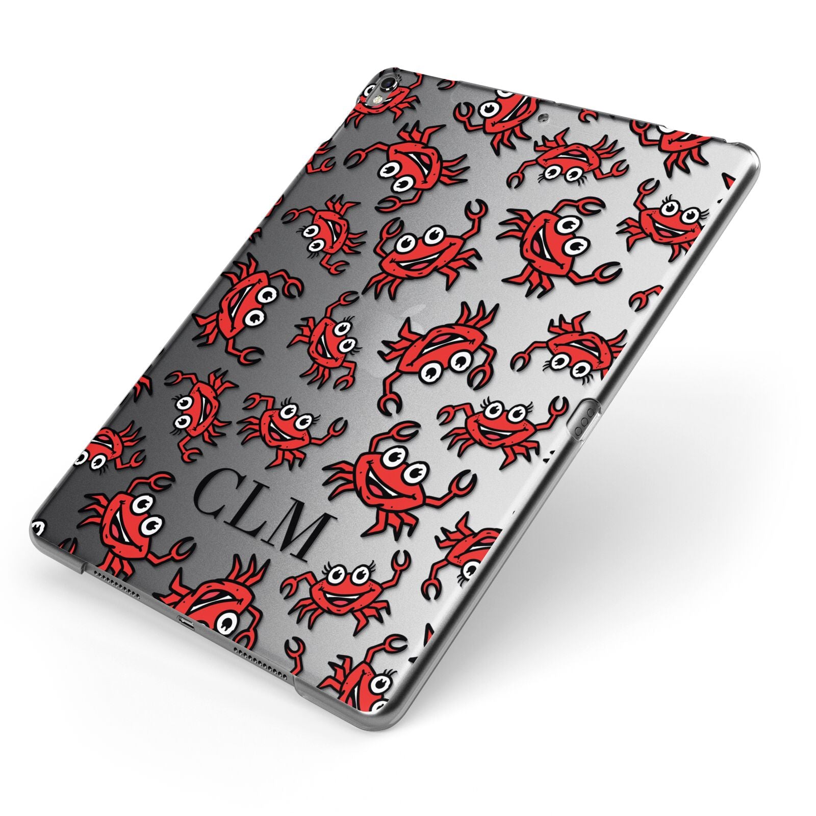 Personalised Crab Initials Clear Apple iPad Case on Grey iPad Side View