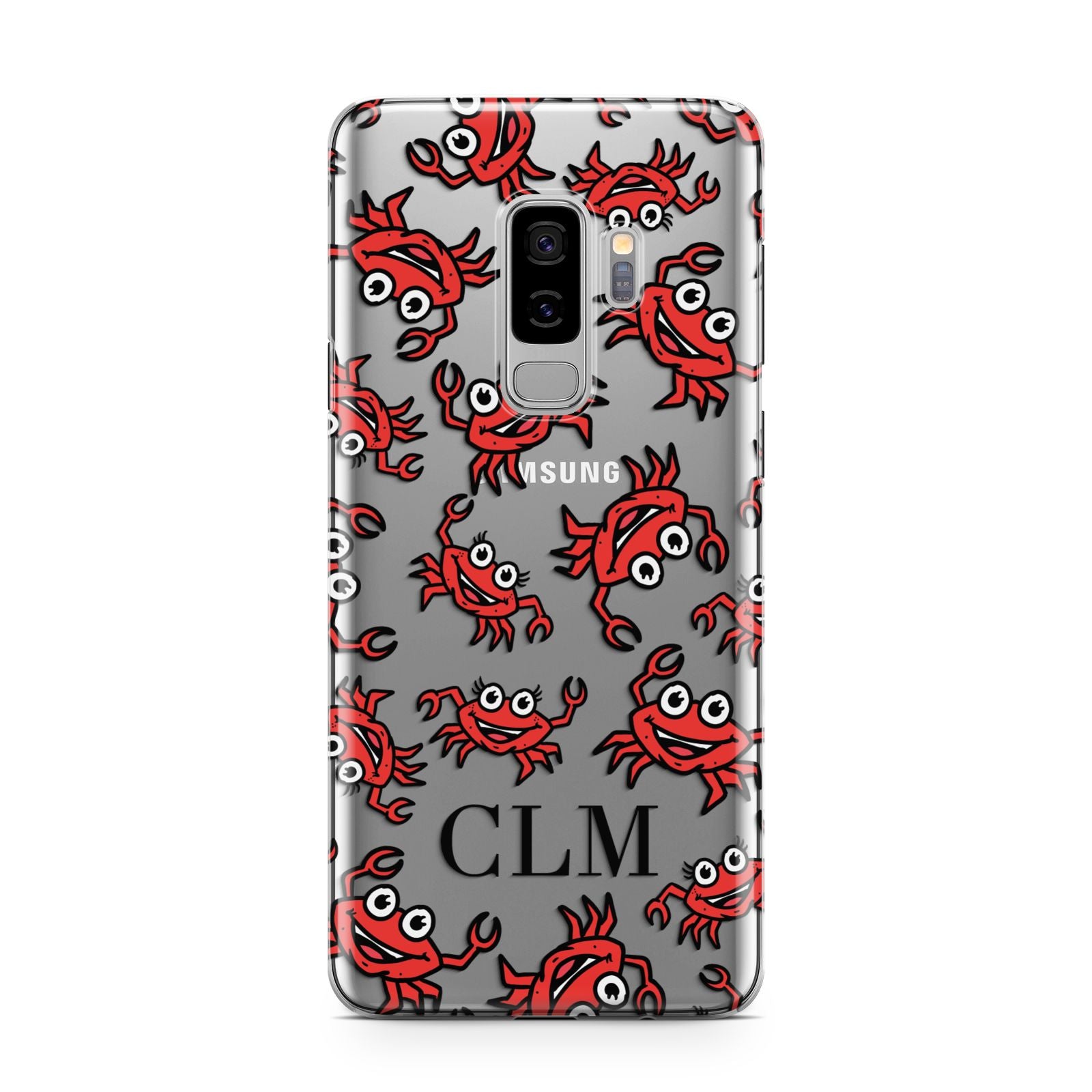 Personalised Crab Initials Clear Samsung Galaxy S9 Plus Case on Silver phone