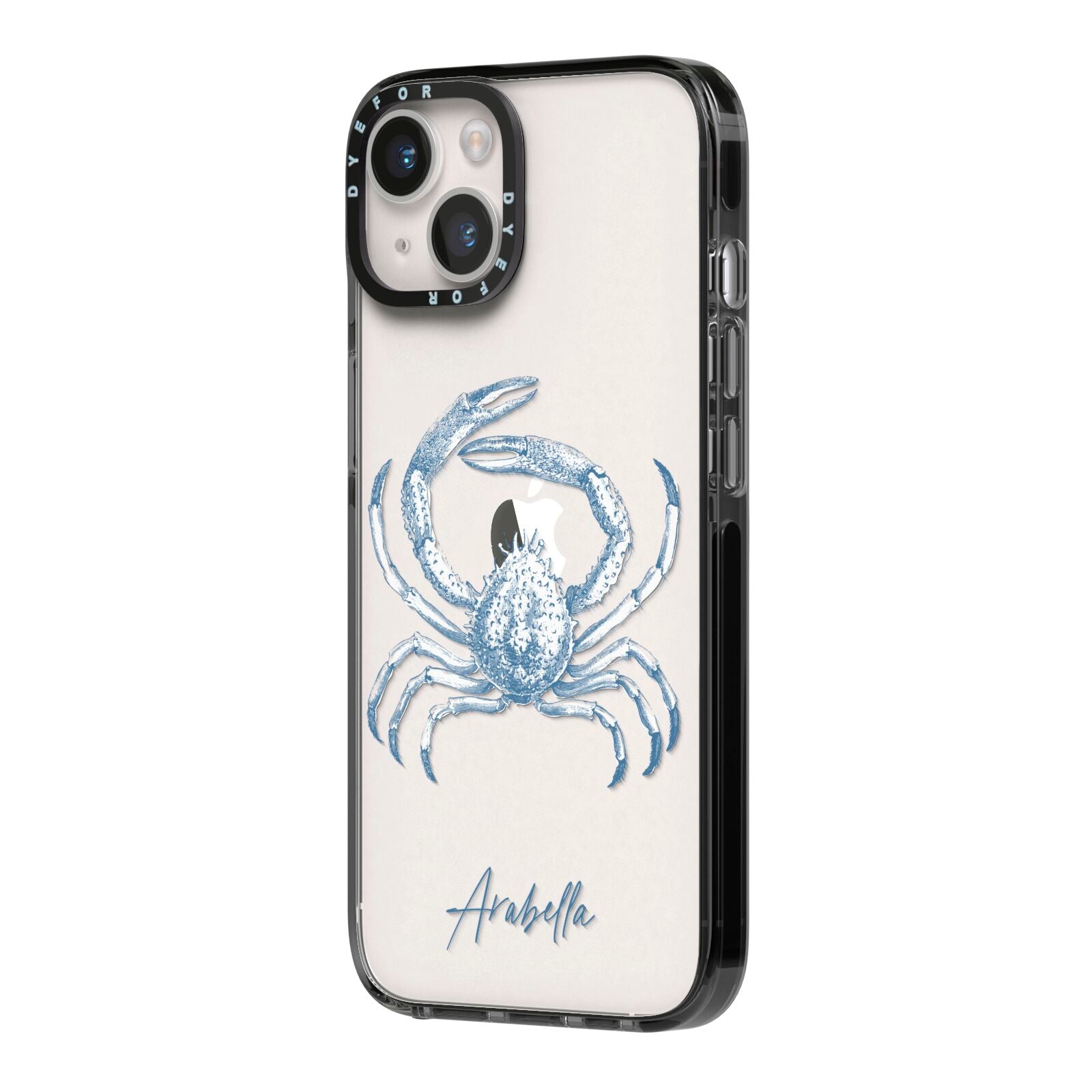 Personalised Crab iPhone 14 Black Impact Case Side Angle on Silver phone