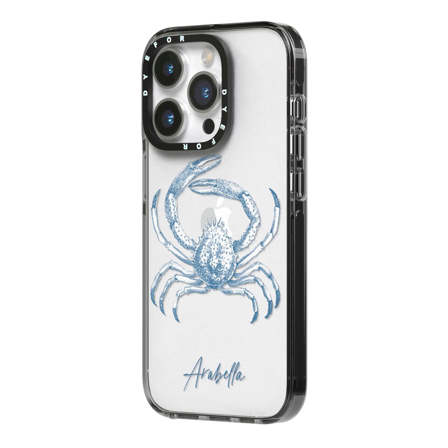 Personalised Crab iPhone 14 Pro Black Impact Case Side Angle on Silver phone