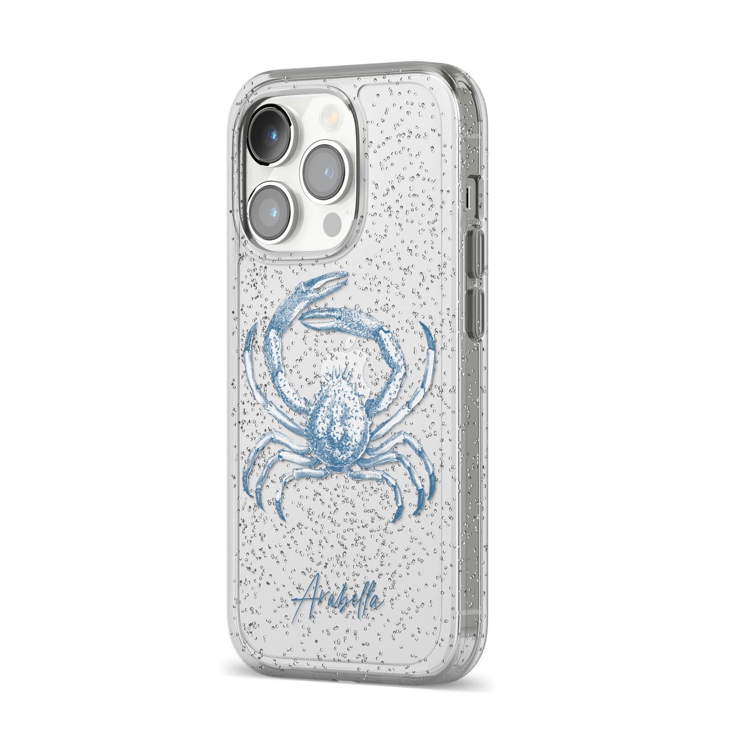 Personalised Crab iPhone 14 Pro Glitter Tough Case Silver Angled Image