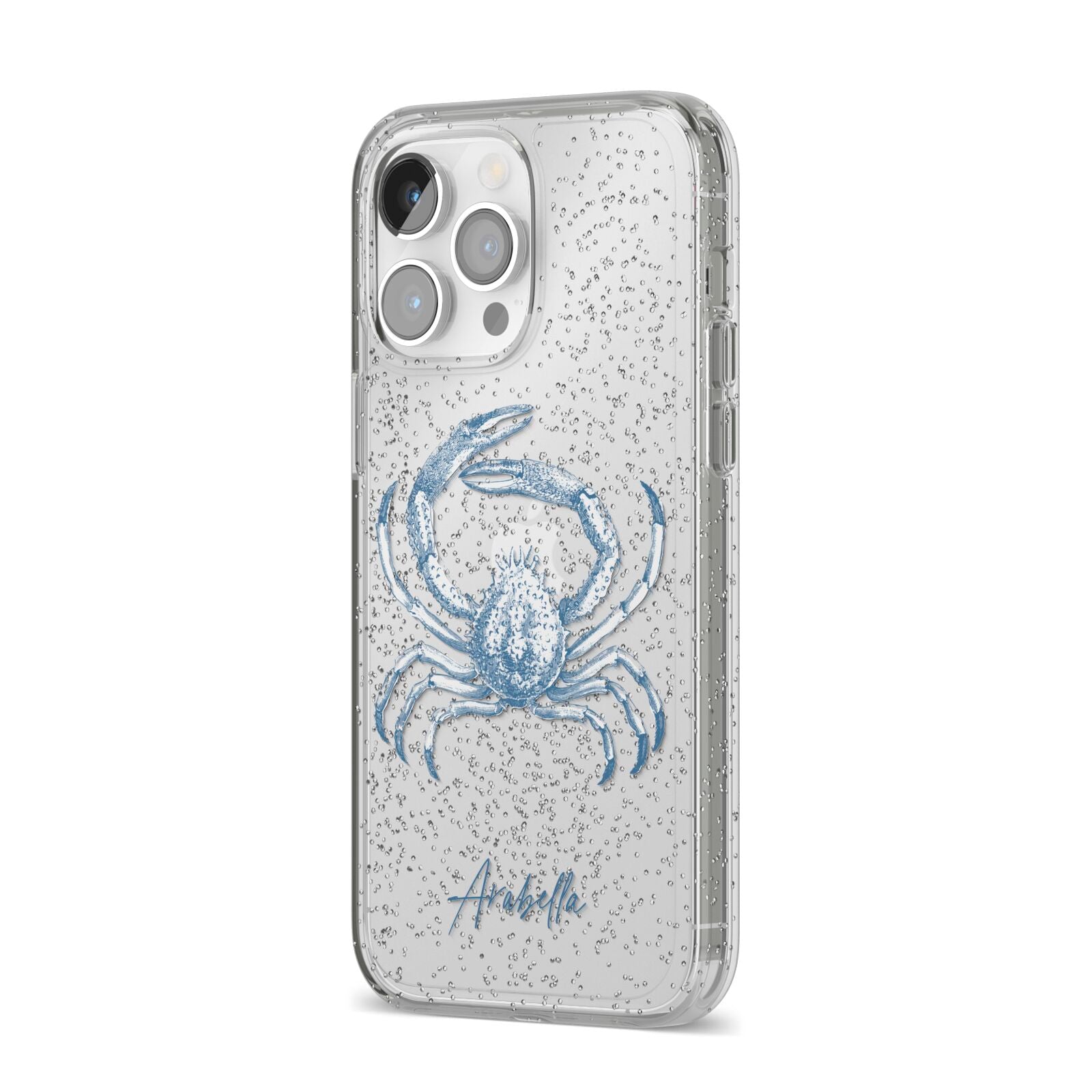 Personalised Crab iPhone 14 Pro Max Glitter Tough Case Silver Angled Image