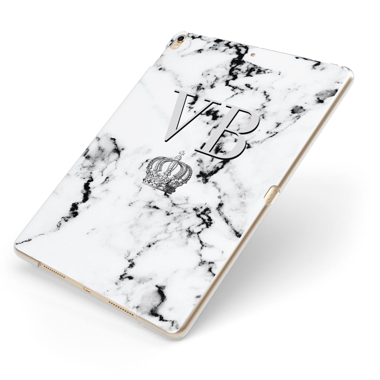 Personalised Crown Marble Initialed Grey Apple iPad Case on Gold iPad Side View