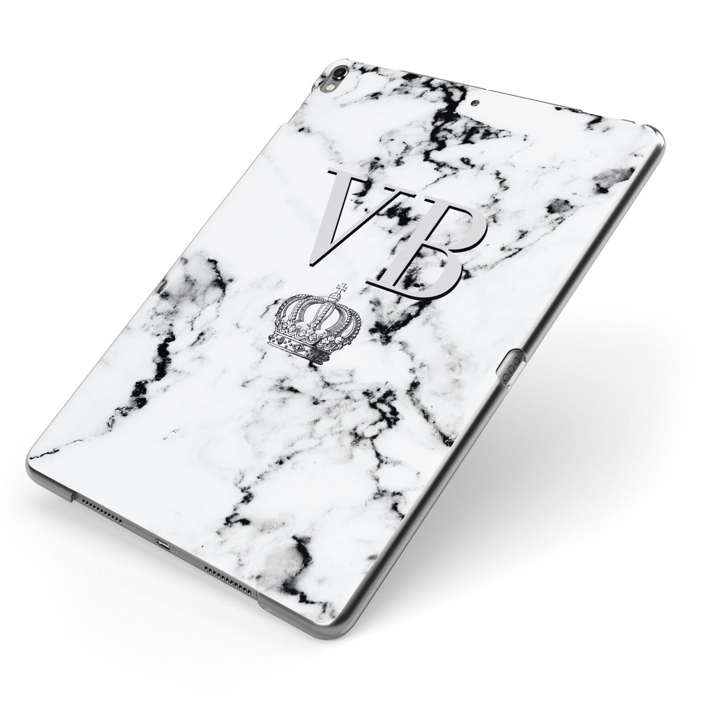 Personalised Crown Marble Initialed Grey Apple iPad Case on Grey iPad Side View