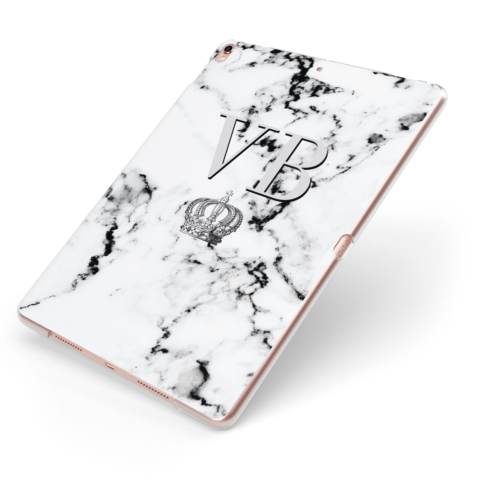 Personalised Crown Marble Initialed Grey Apple iPad Case on Rose Gold iPad Side View