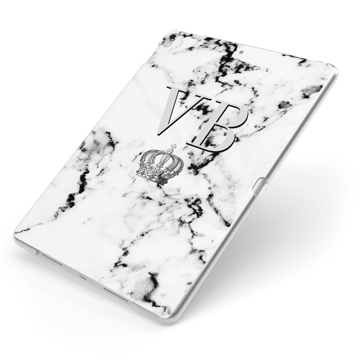Personalised Crown Marble Initialed Grey Apple iPad Case on Silver iPad Side View