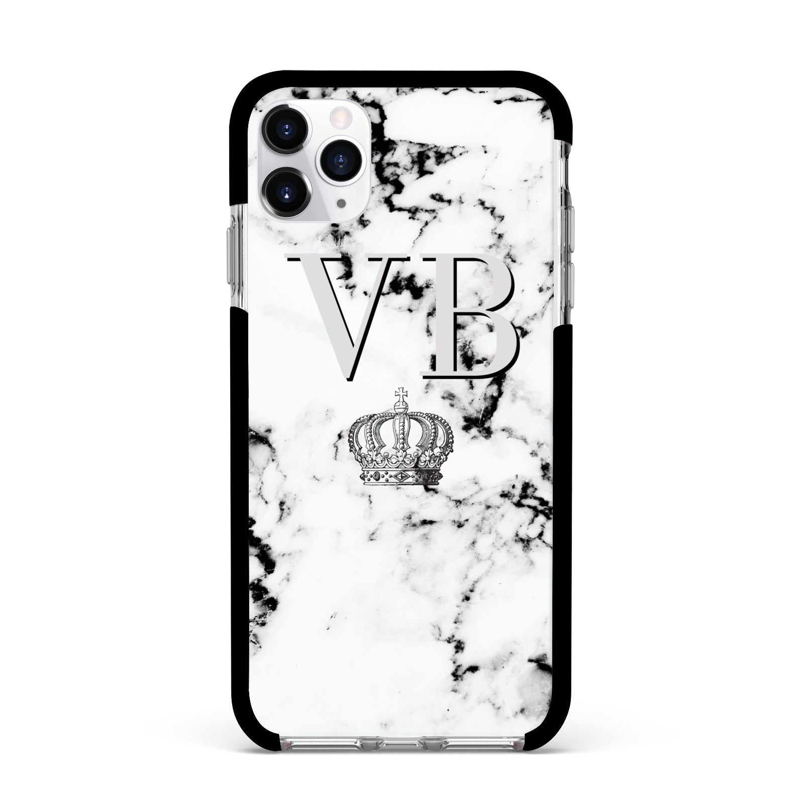 Personalised Crown Marble Initialed Grey Apple iPhone 11 Pro Max in Silver with Black Impact Case