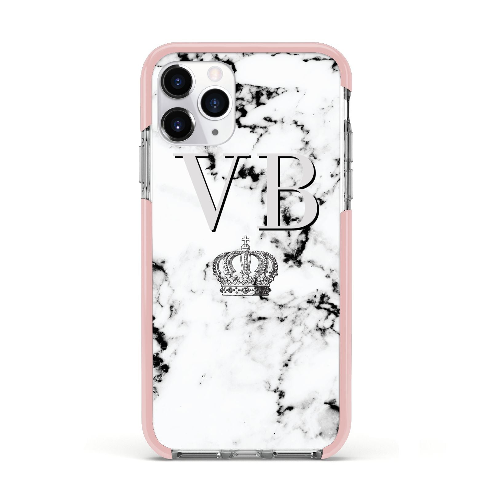 Personalised Crown Marble Initialed Grey Apple iPhone 11 Pro in Silver with Pink Impact Case