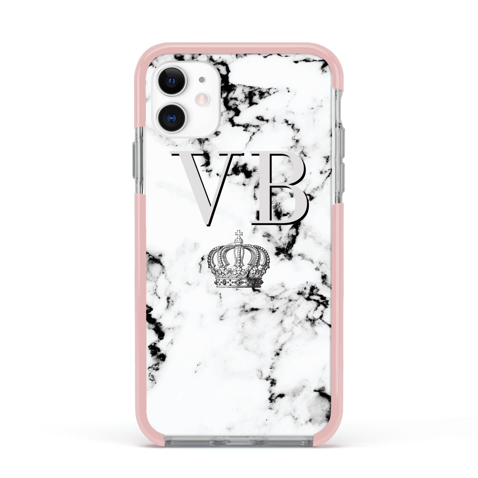 Personalised Crown Marble Initialed Grey Apple iPhone 11 in White with Pink Impact Case