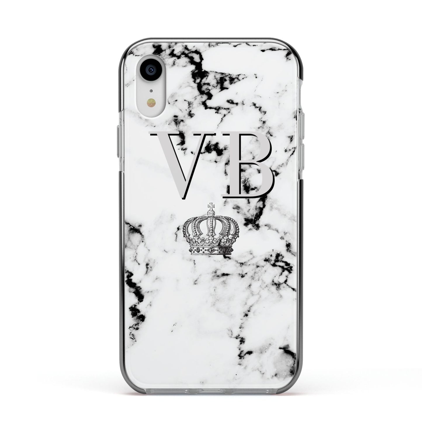 Personalised Crown Marble Initialed Grey Apple iPhone XR Impact Case Black Edge on Silver Phone