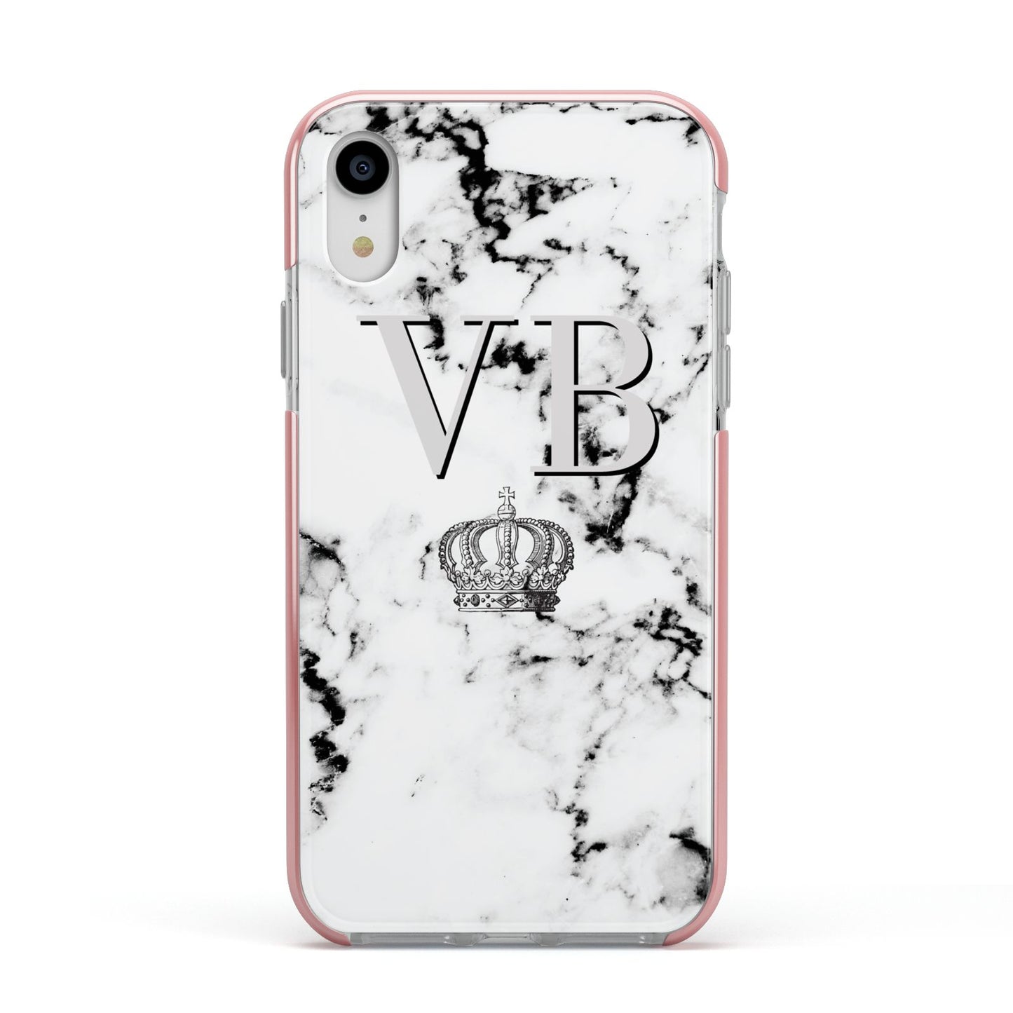 Personalised Crown Marble Initialed Grey Apple iPhone XR Impact Case Pink Edge on Silver Phone
