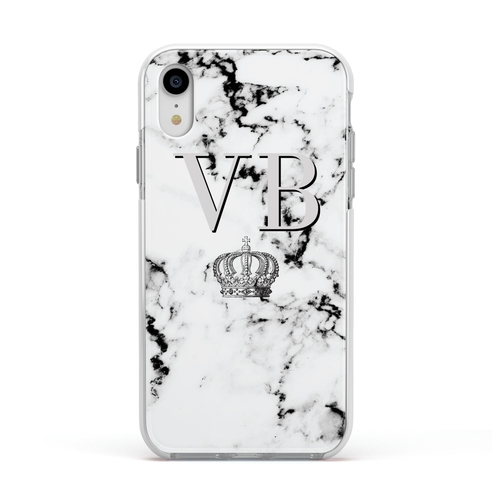 Personalised Crown Marble Initialed Grey Apple iPhone XR Impact Case White Edge on Silver Phone