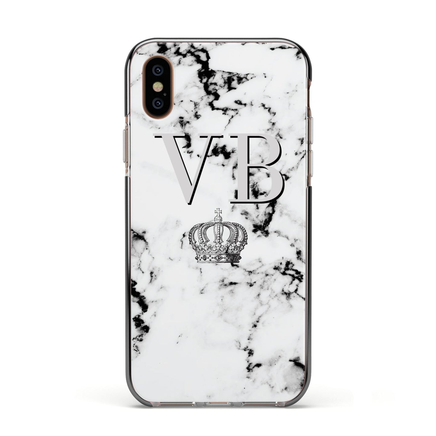 Personalised Crown Marble Initialed Grey Apple iPhone Xs Impact Case Black Edge on Gold Phone