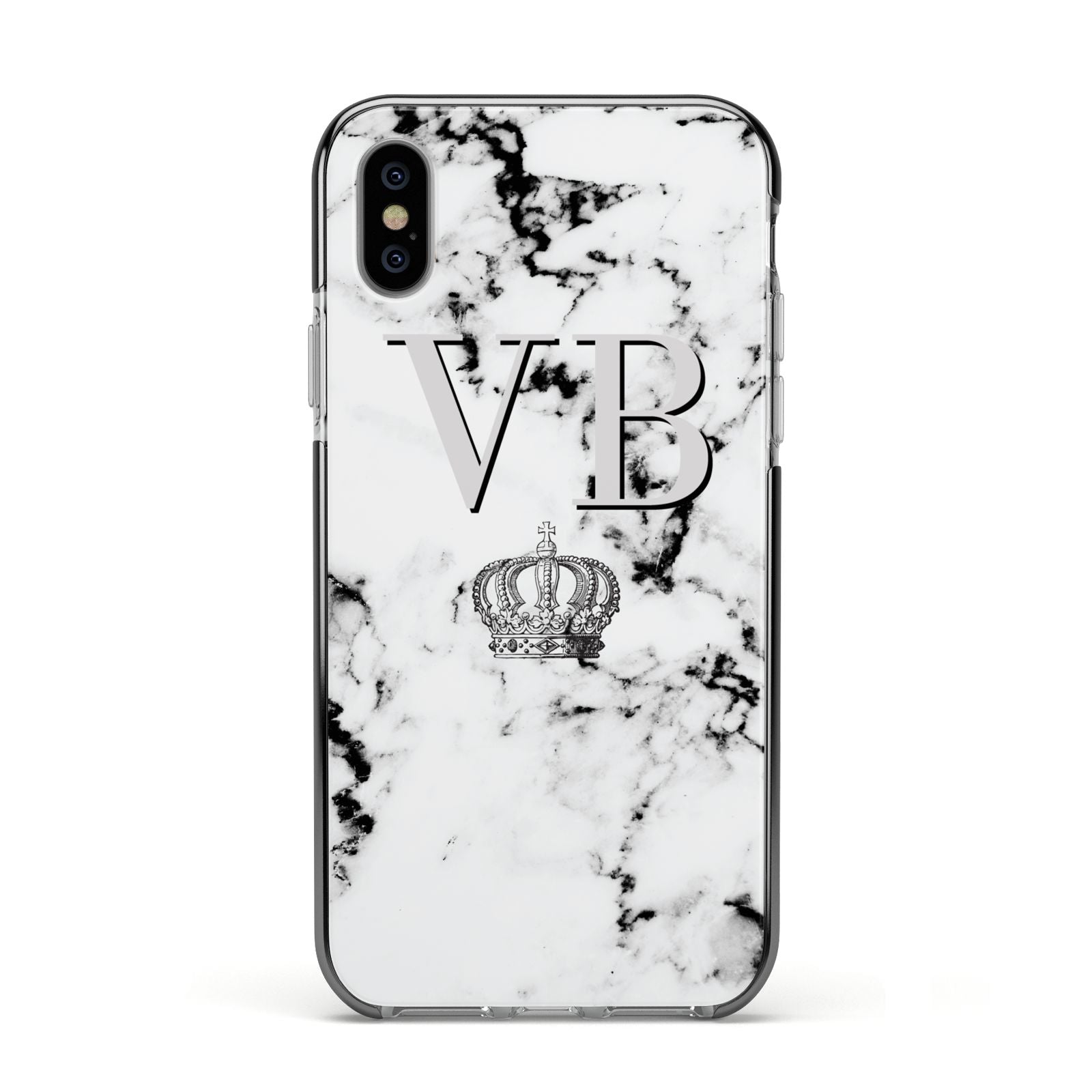Personalised Crown Marble Initialed Grey Apple iPhone Xs Impact Case Black Edge on Silver Phone