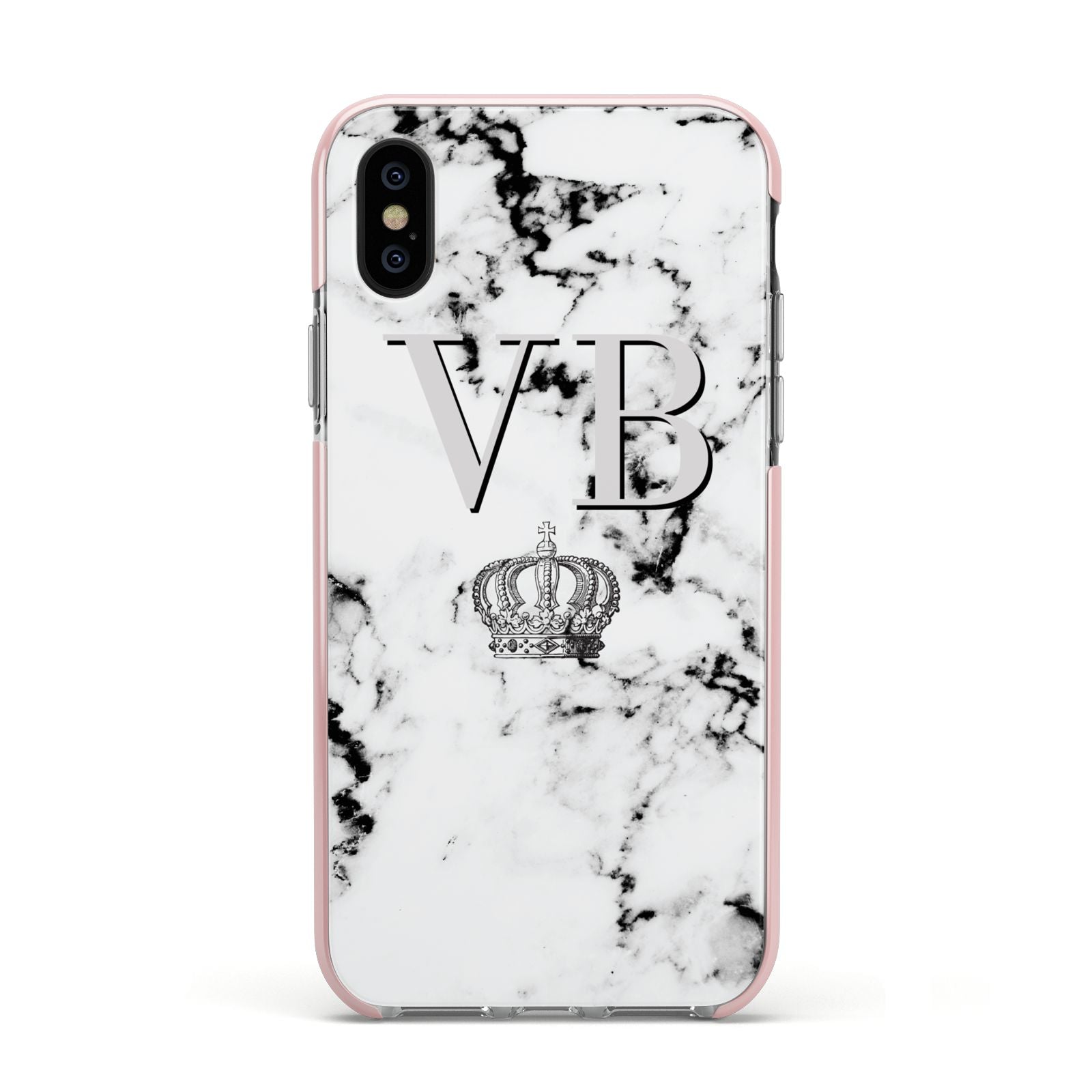Personalised Crown Marble Initialed Grey Apple iPhone Xs Impact Case Pink Edge on Black Phone