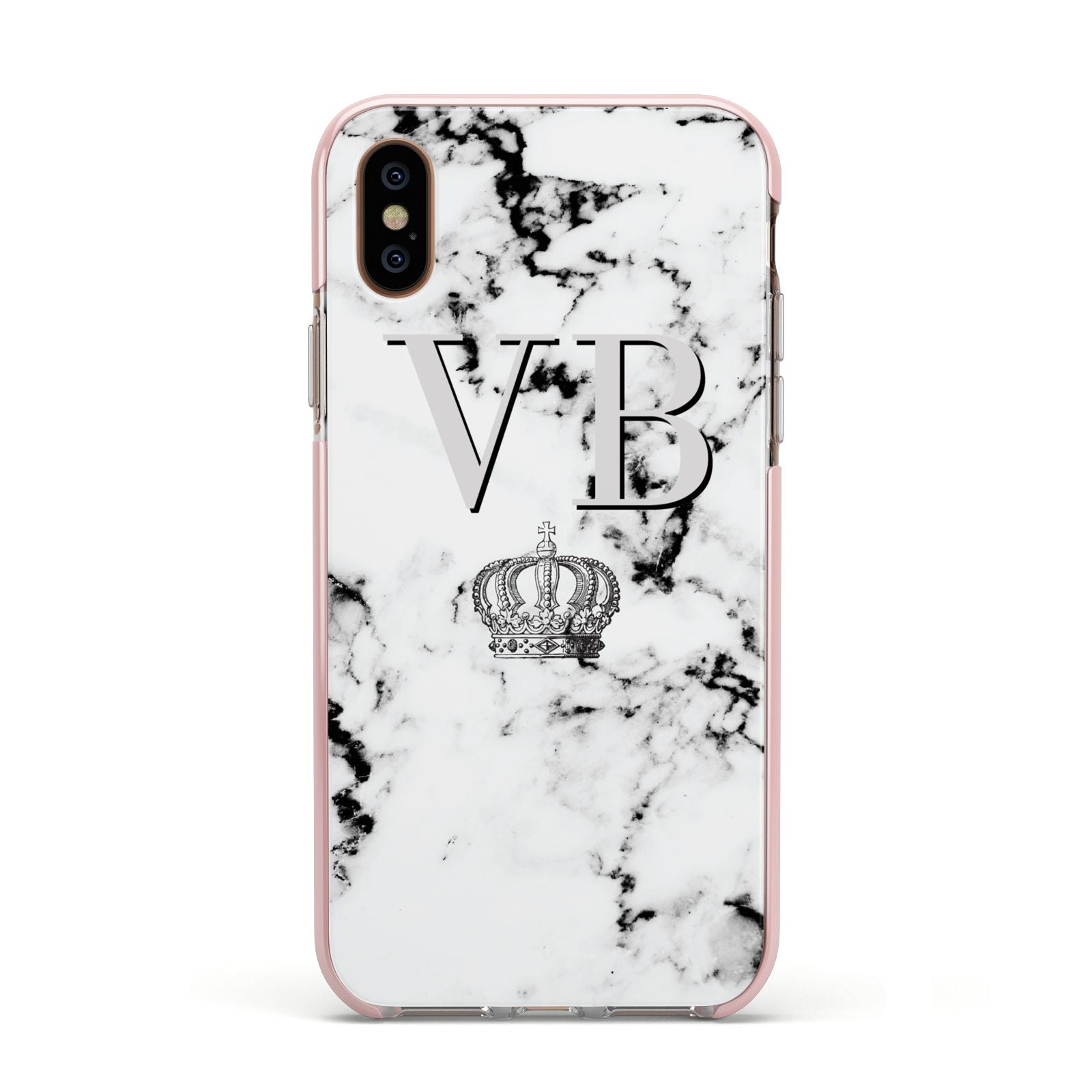 Personalised Crown Marble Initialed Grey Apple iPhone Xs Impact Case Pink Edge on Gold Phone