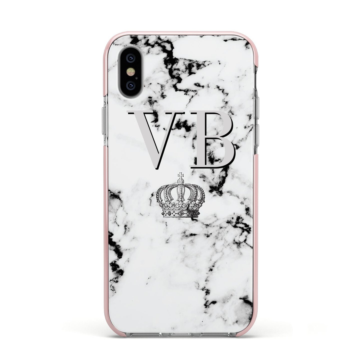 Personalised Crown Marble Initialed Grey Apple iPhone Xs Impact Case Pink Edge on Silver Phone