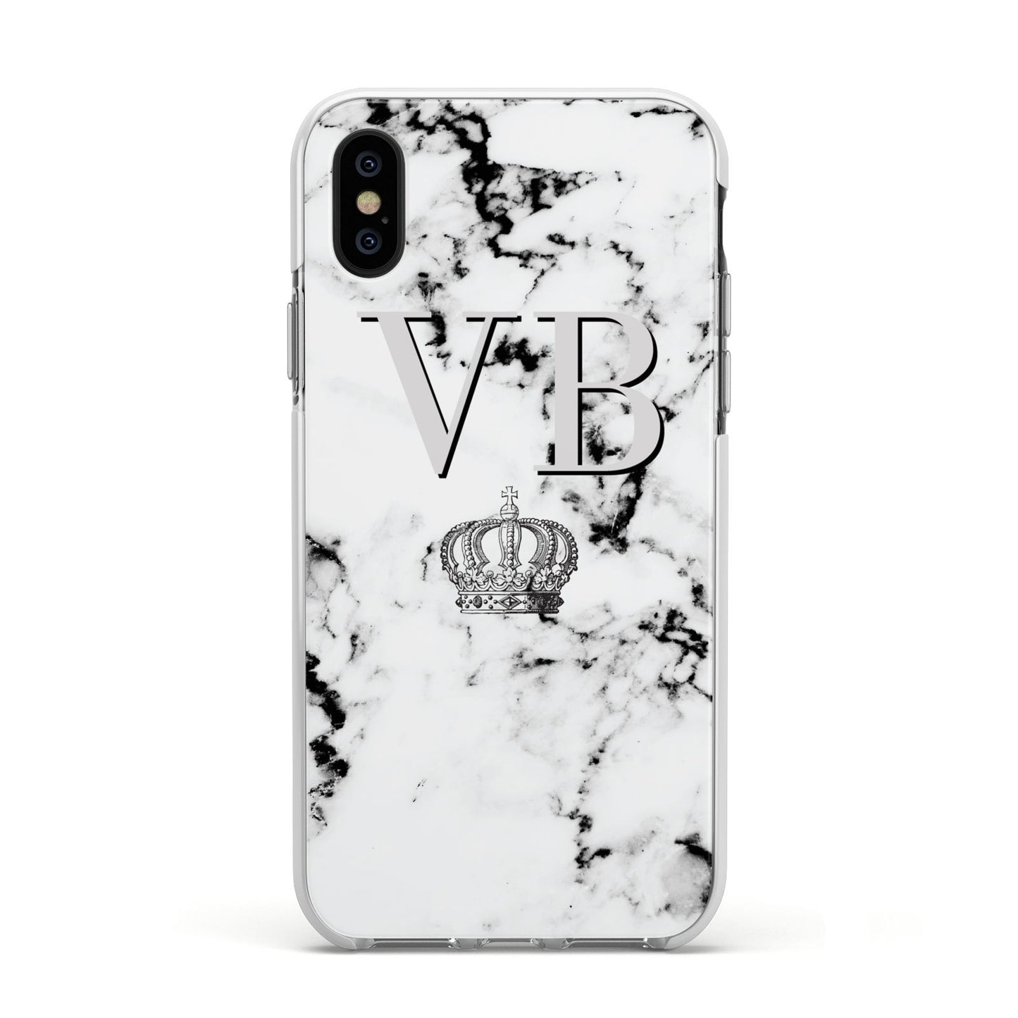 Personalised Crown Marble Initialed Grey Apple iPhone Xs Impact Case White Edge on Black Phone