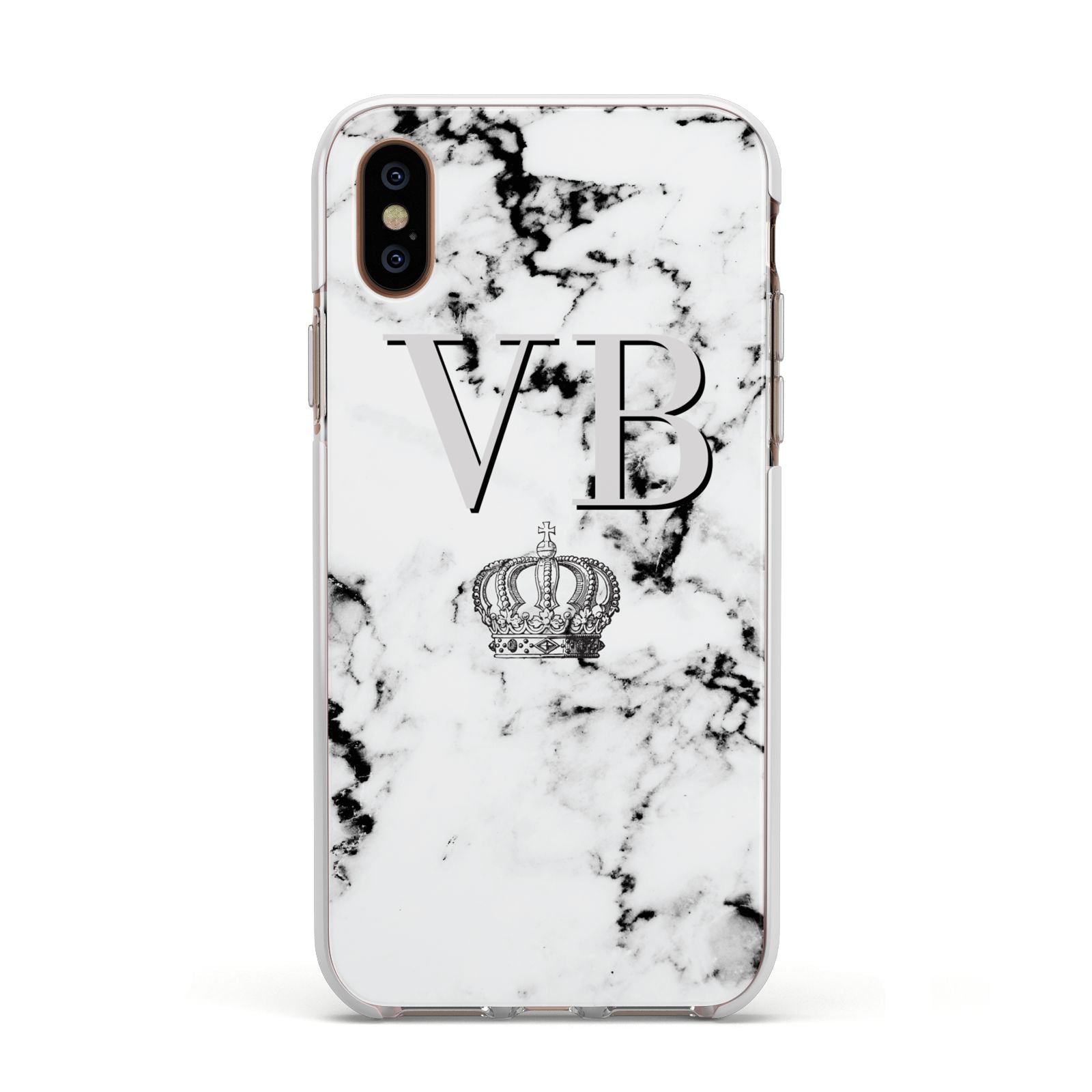 Personalised Crown Marble Initialed Grey Apple iPhone Xs Impact Case White Edge on Gold Phone