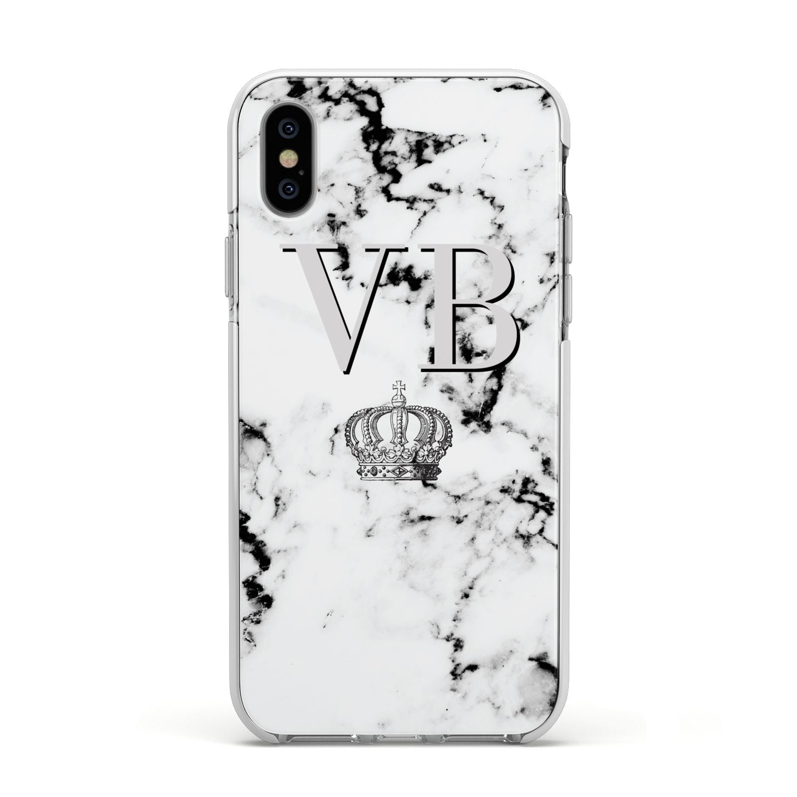 Personalised Crown Marble Initialed Grey Apple iPhone Xs Impact Case White Edge on Silver Phone
