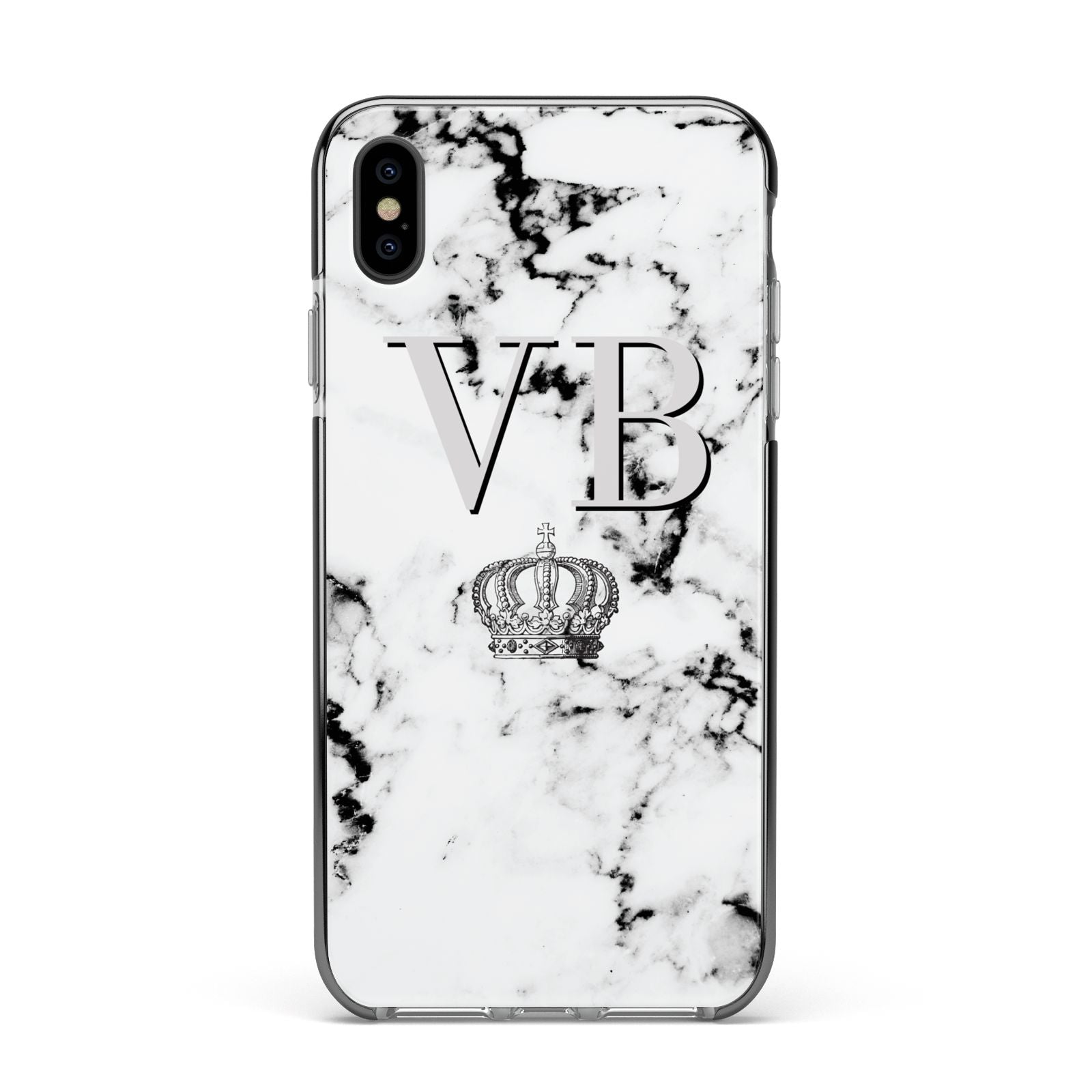 Personalised Crown Marble Initialed Grey Apple iPhone Xs Max Impact Case Black Edge on Black Phone