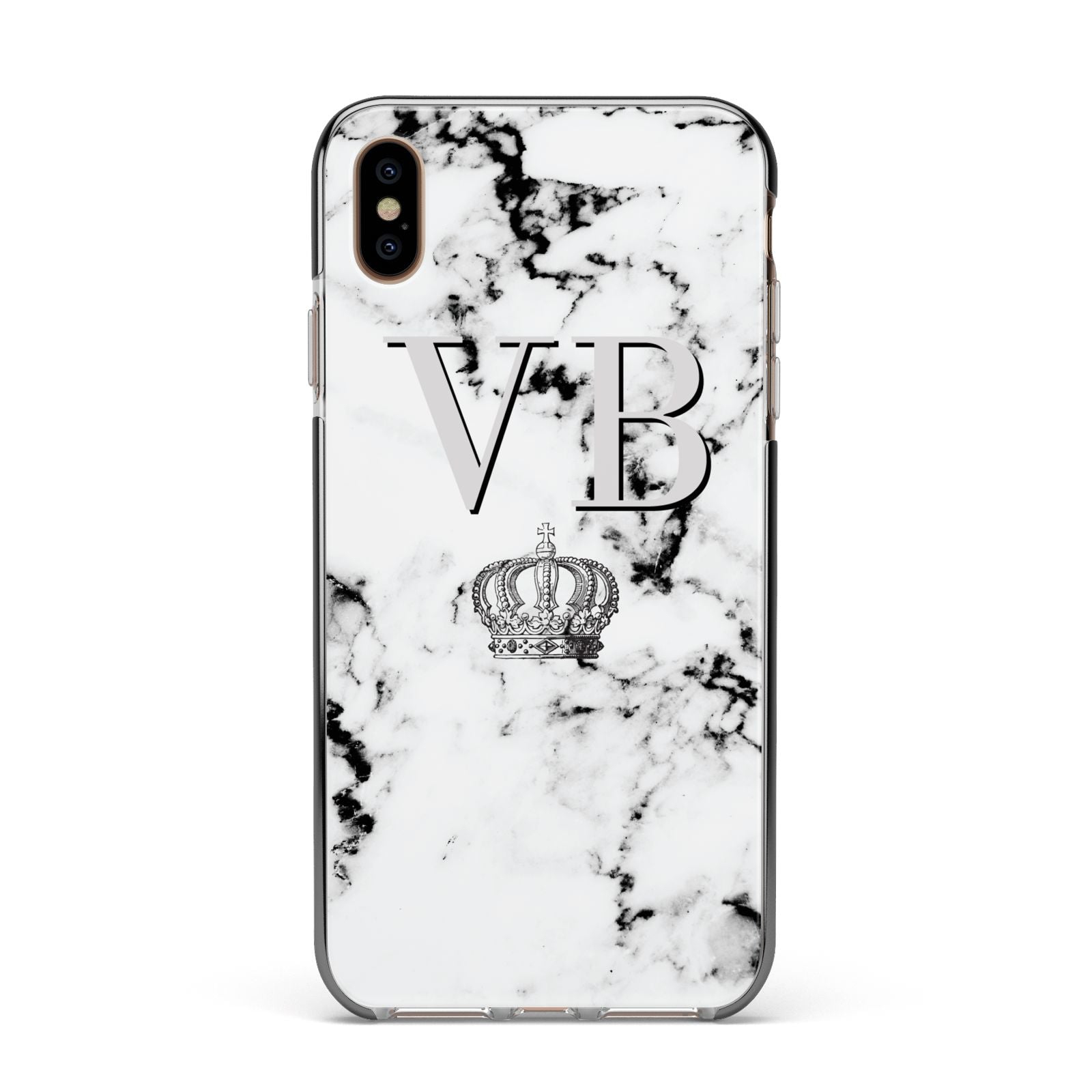 Personalised Crown Marble Initialed Grey Apple iPhone Xs Max Impact Case Black Edge on Gold Phone