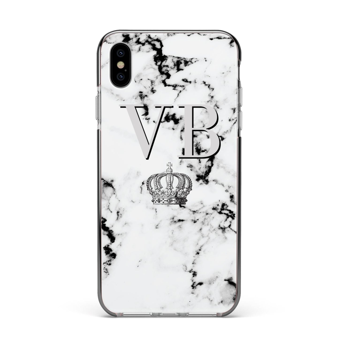 Personalised Crown Marble Initialed Grey Apple iPhone Xs Max Impact Case Black Edge on Silver Phone