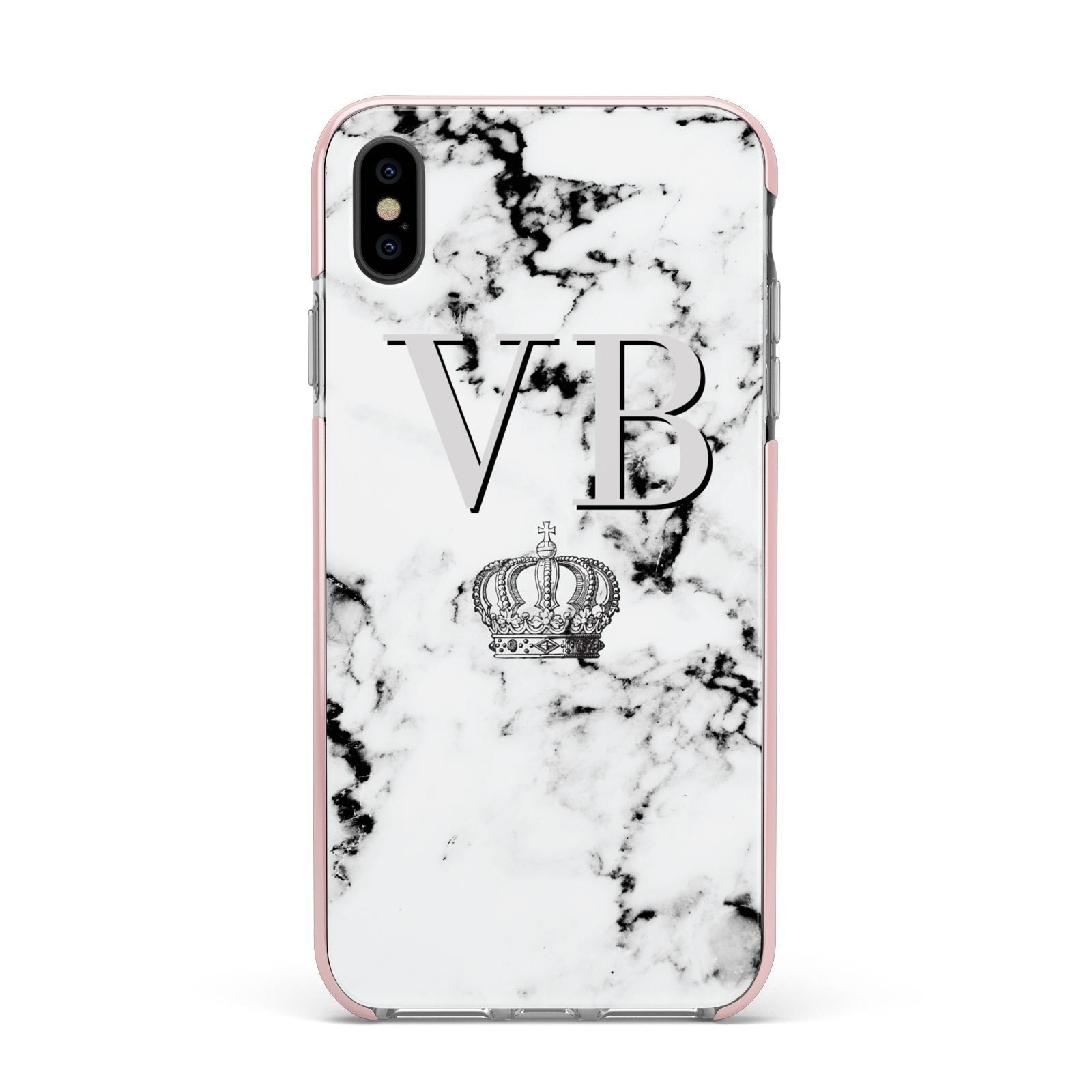 Personalised Crown Marble Initialed Grey Apple iPhone Xs Max Impact Case Pink Edge on Black Phone