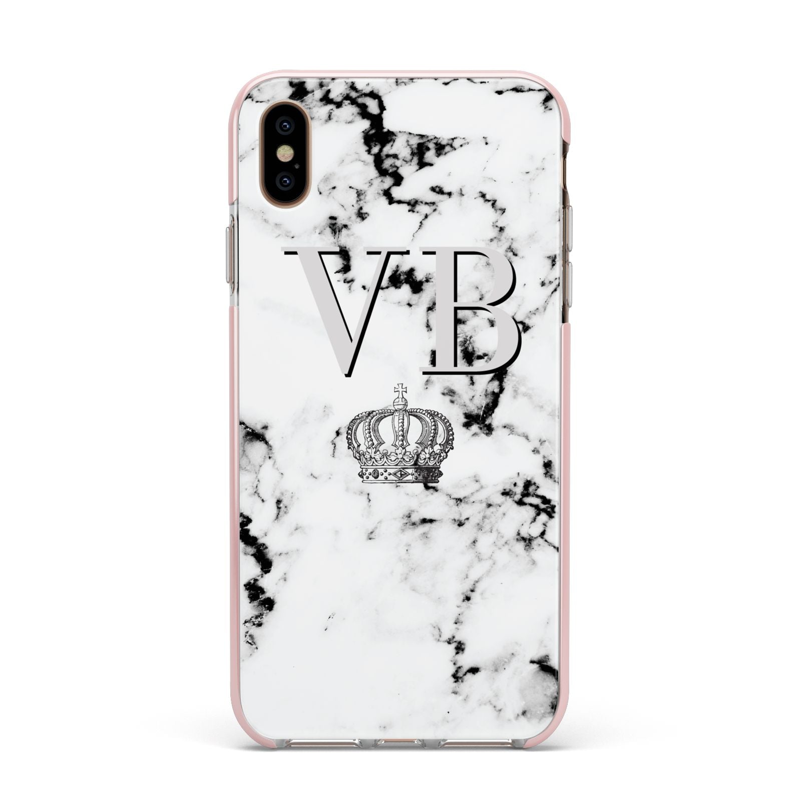 Personalised Crown Marble Initialed Grey Apple iPhone Xs Max Impact Case Pink Edge on Gold Phone