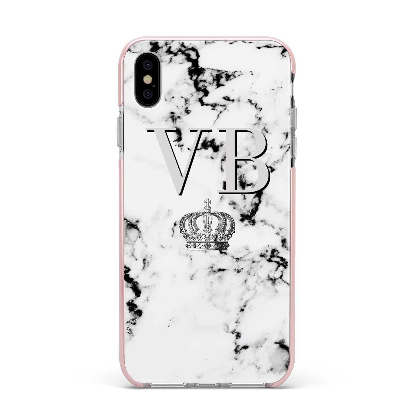 Personalised Crown Marble Initialed Grey Apple iPhone Xs Max Impact Case Pink Edge on Silver Phone