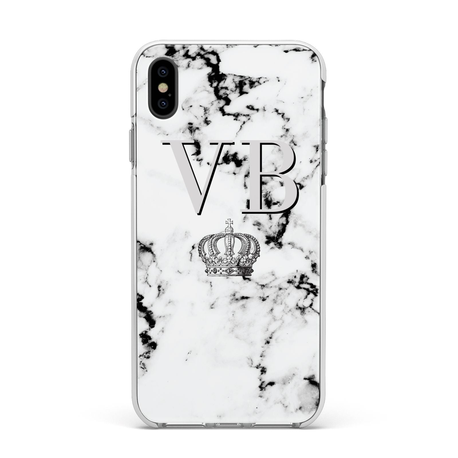 Personalised Crown Marble Initialed Grey Apple iPhone Xs Max Impact Case White Edge on Black Phone