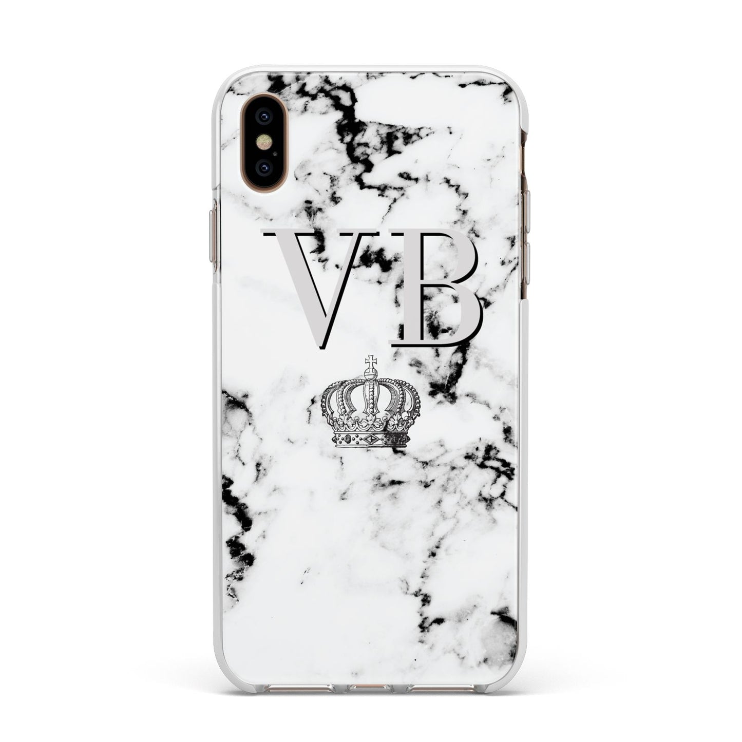 Personalised Crown Marble Initialed Grey Apple iPhone Xs Max Impact Case White Edge on Gold Phone