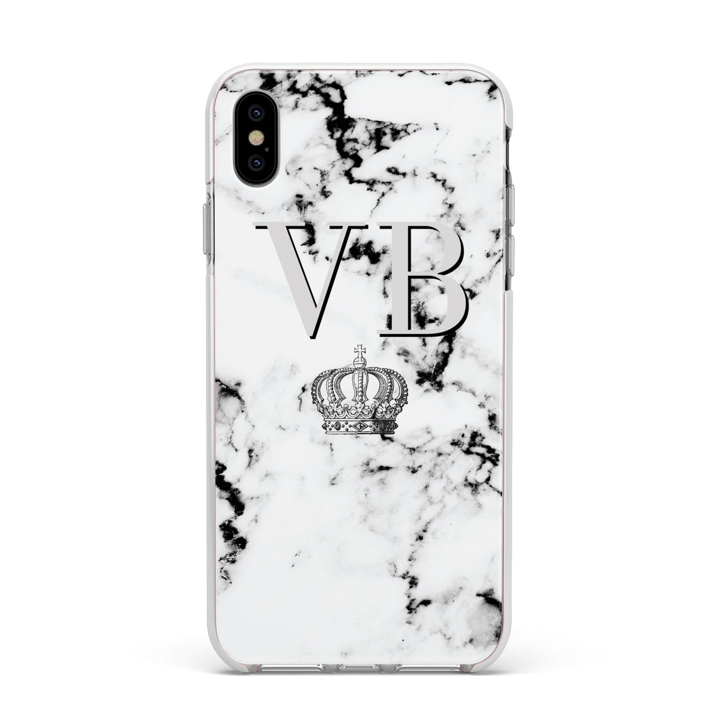 Personalised Crown Marble Initialed Grey Apple iPhone Xs Max Impact Case White Edge on Silver Phone