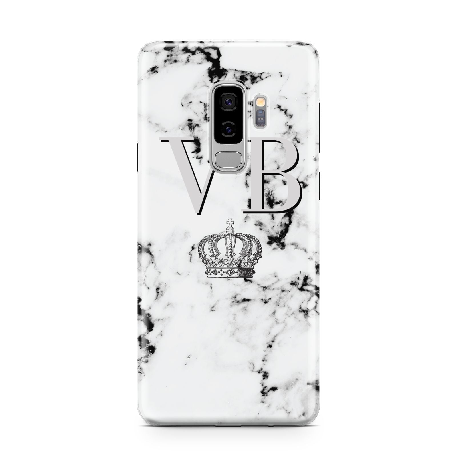 Personalised Crown Marble Initialed Grey Samsung Galaxy S9 Plus Case on Silver phone