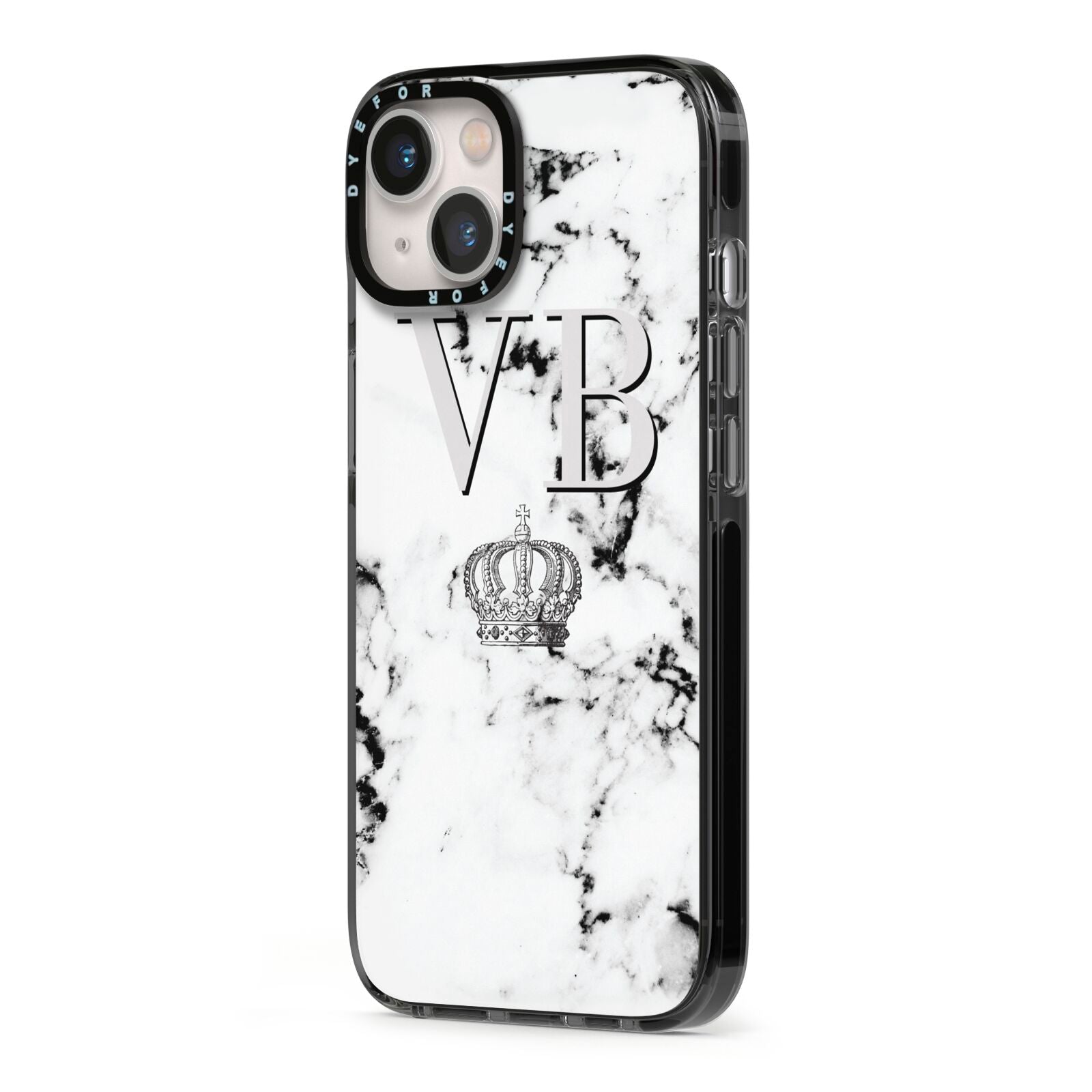 Personalised Crown Marble Initialed Grey iPhone 13 Black Impact Case Side Angle on Silver phone
