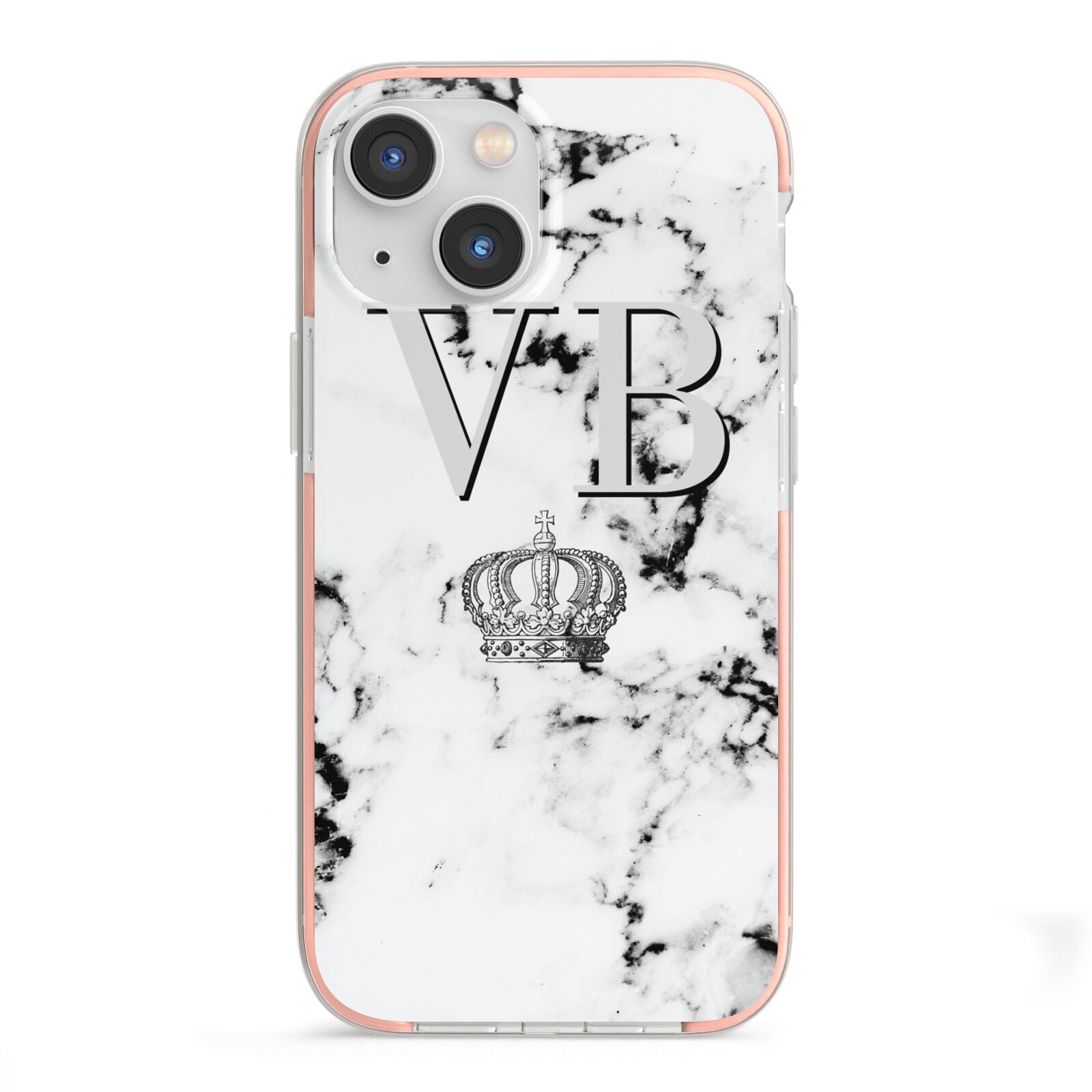 Personalised Crown Marble Initialed Grey iPhone 13 Mini TPU Impact Case with Pink Edges