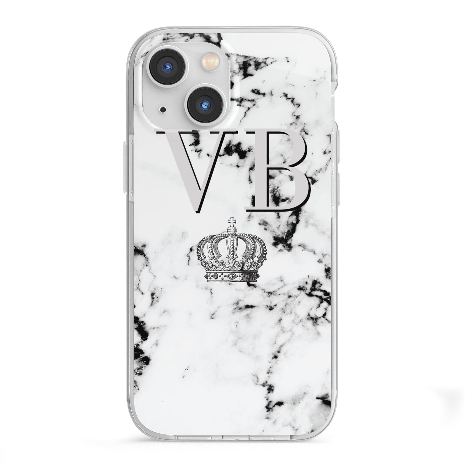 Personalised Crown Marble Initialed Grey iPhone 13 Mini TPU Impact Case with White Edges