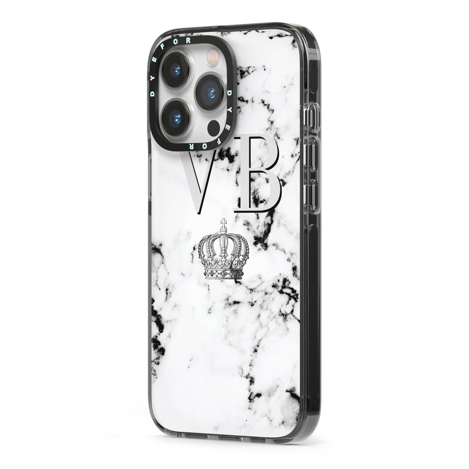Personalised Crown Marble Initialed Grey iPhone 13 Pro Black Impact Case Side Angle on Silver phone