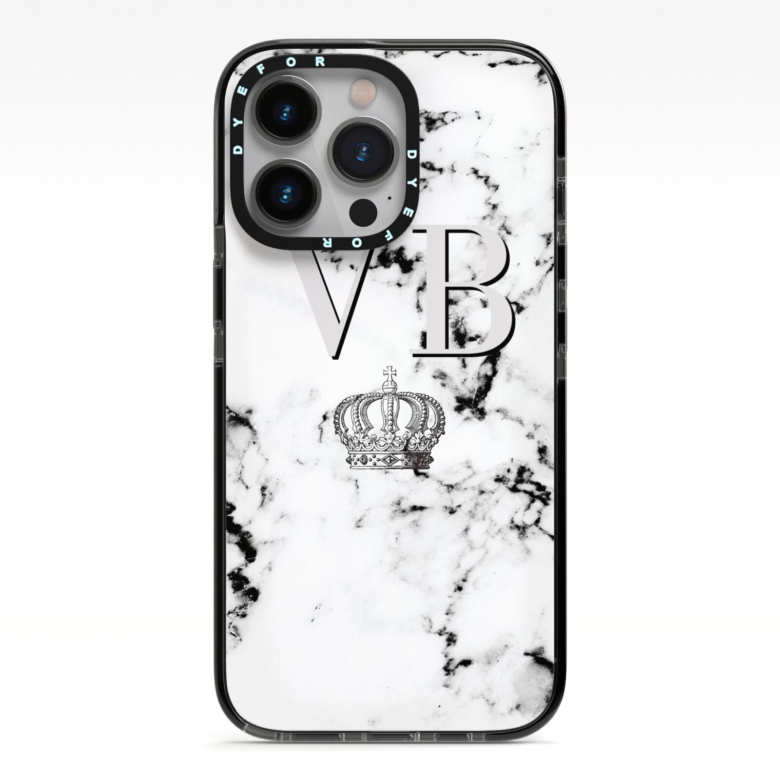 Personalised Crown Marble Initialed Grey iPhone 13 Pro Black Impact Case on Silver phone